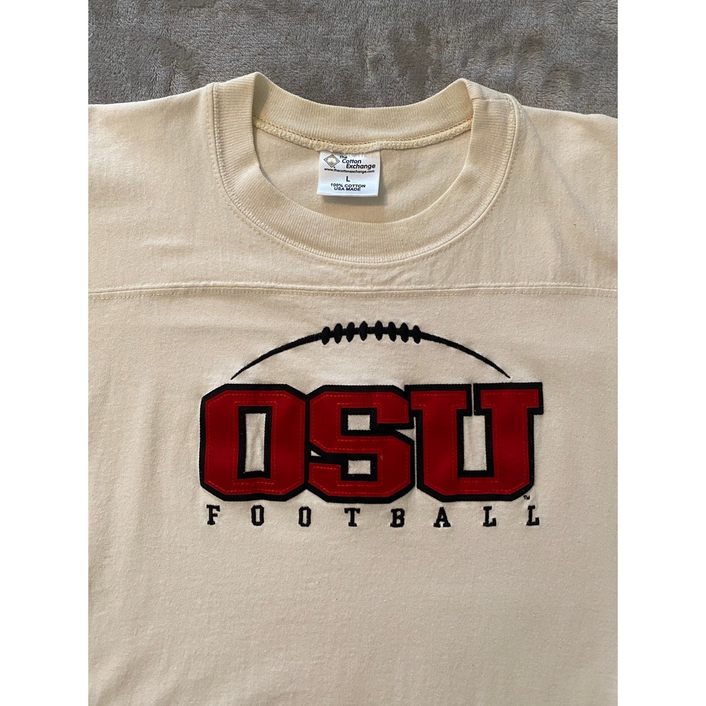 Vintage OSU Football T-Shirt Sz L Cream Embroidered USA Made Ohio State Buckeyes